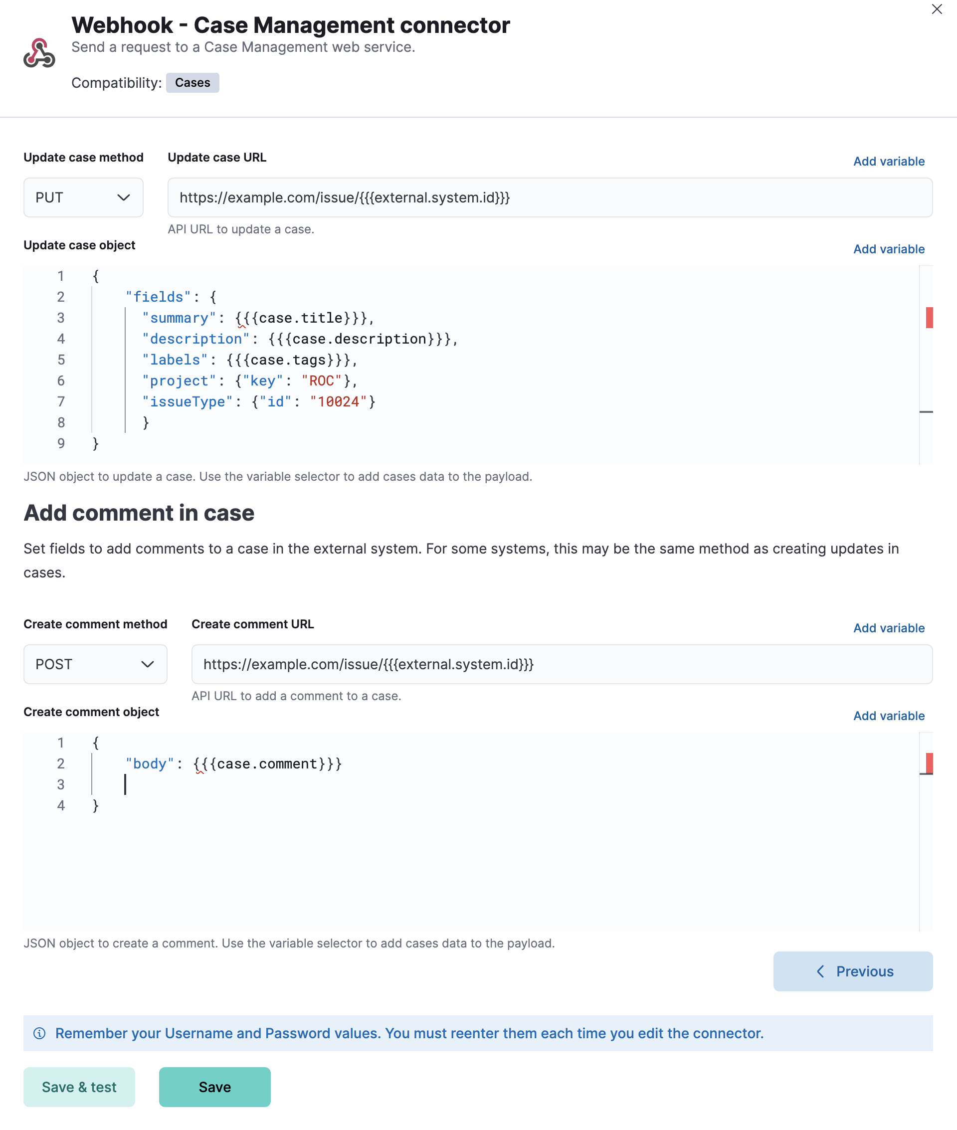 Add case update and comment details in the {{webhook-cm}} connector